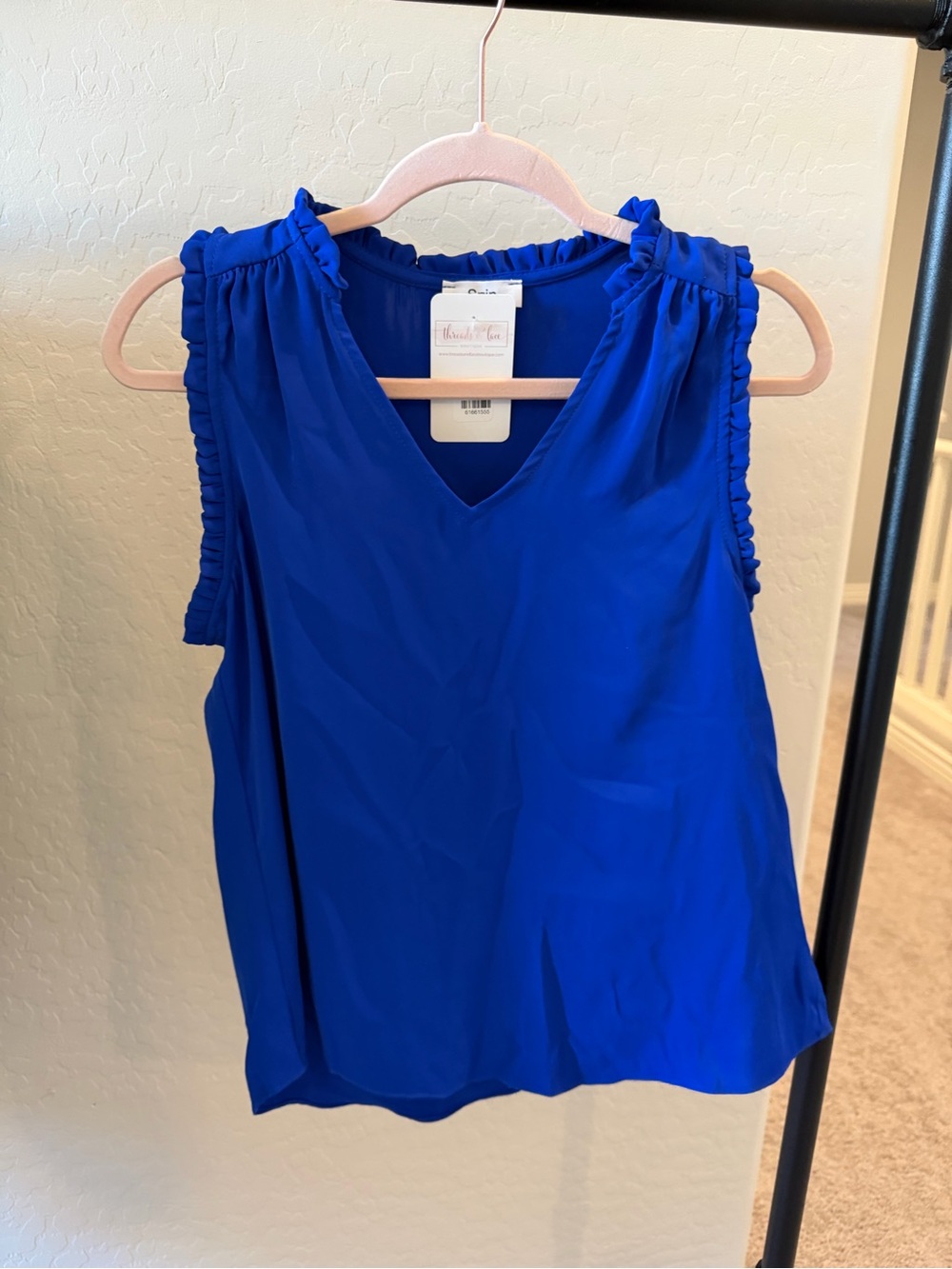 Sleeveless V-Neck Ruffle Trim Blouse in Royal Blue